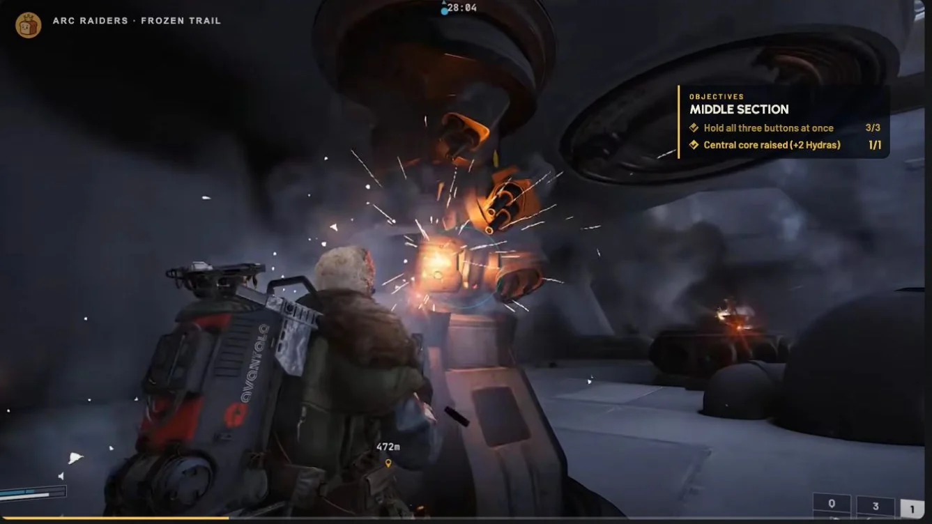 ARC Raiders Frigate central deck with the raised orange-ring Power Core under fire.