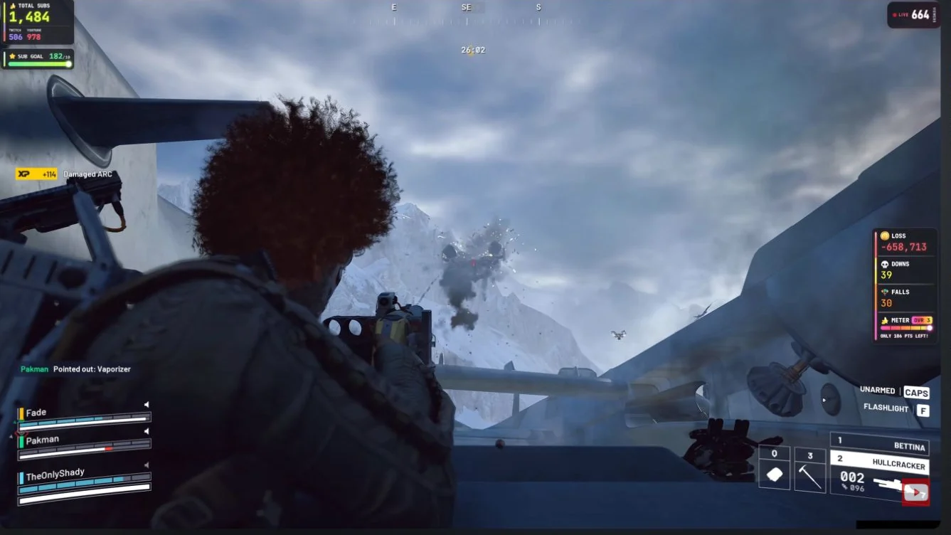 ARC Raiders Pendola Pass Rocketeer under concentrated fire beside the Frigate, with a separate Vaporizer ping visible.