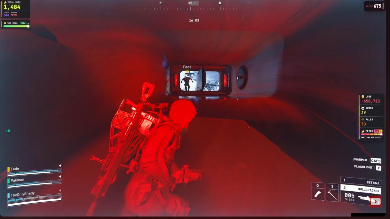 ARC Raiders Pendola Pass Frigate red-lit fire-room passage with another Raider beyond its doorway.
