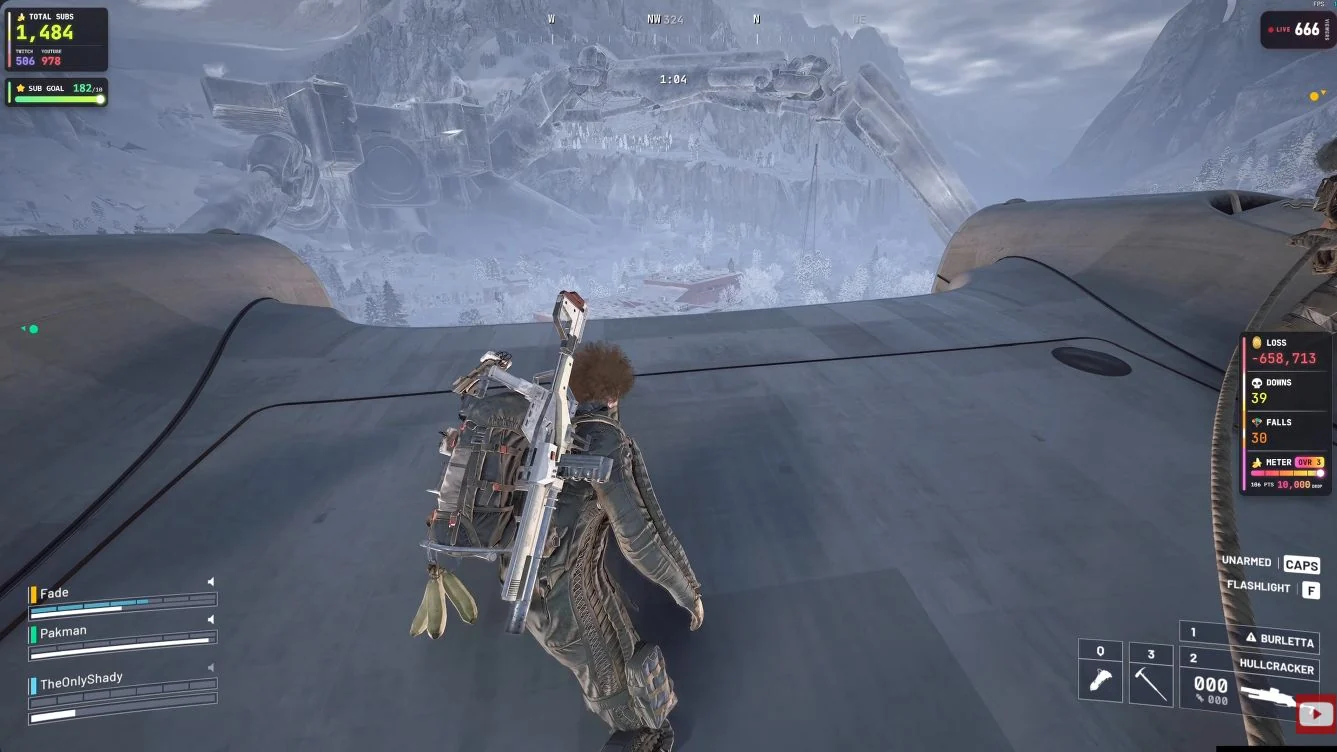 ARC Raiders Pendola Pass Frigate cargo descending toward snowy ground with the player in its central area.