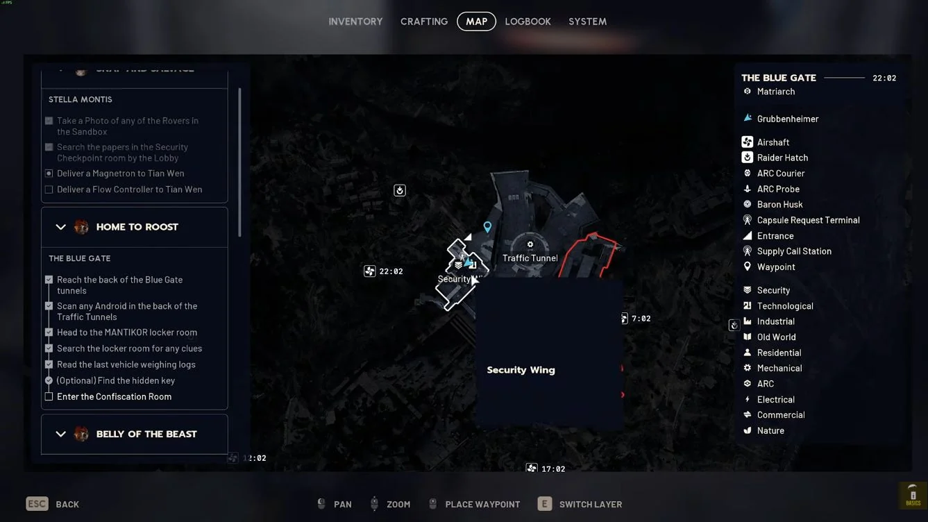 ARC Raiders Blue Gate Security Wing map with Home to Roost objectives and hidden key checked.