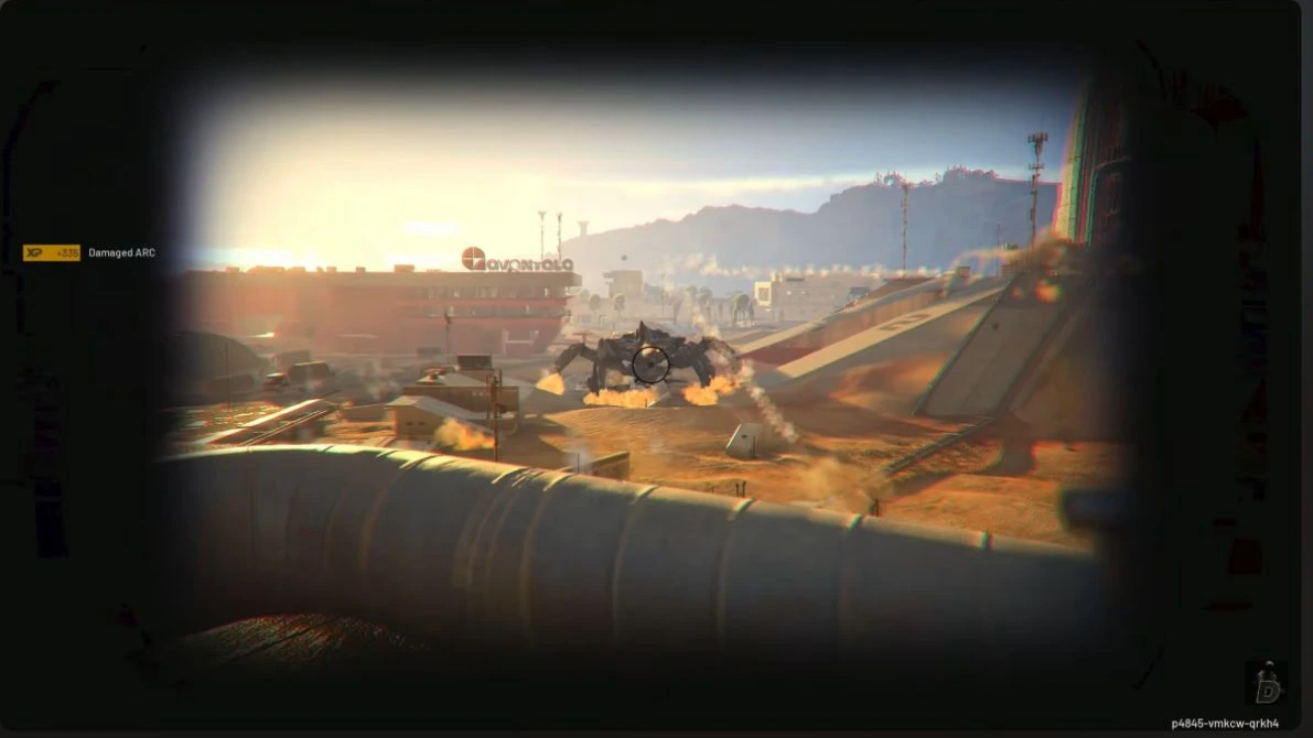 ARC Raiders Matriarch viewed through a Jupiter scope from the Control Tower area on Spaceport