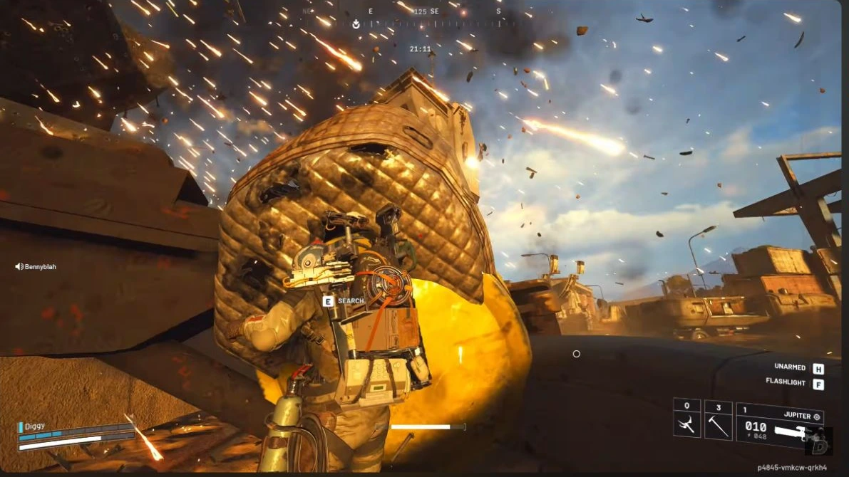 ARC Raiders player beside Matriarch wreckage on Spaceport with an E SEARCH prompt