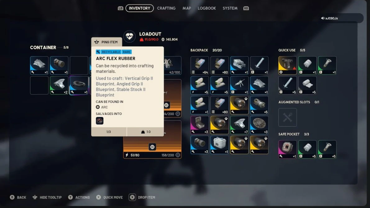 ARC Raiders Queen loot inventory with Queen Reactor icons in the backpack and an ARC Flex Rubber tooltip