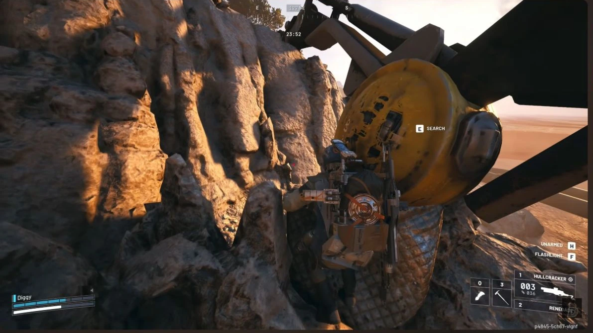 ARC Raiders detached Queen leg beside rocks on Dam Battlegrounds with an E SEARCH prompt