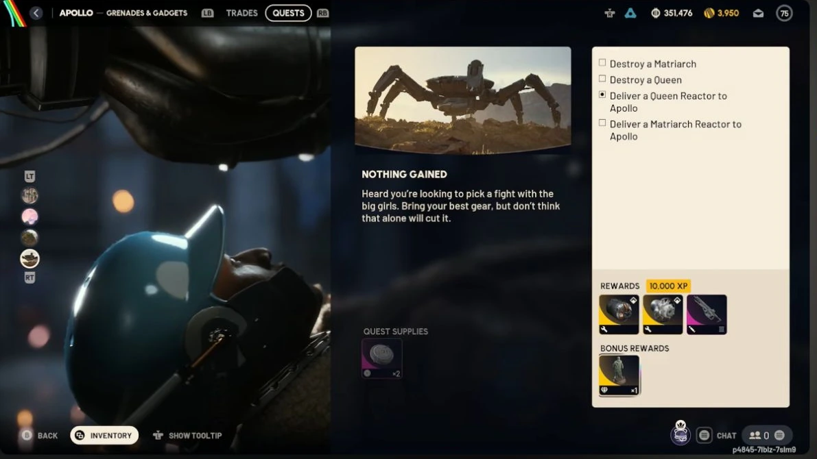 ARC Raiders Nothing Gained quest screen with 10,000 XP and Bronze Statuette x1 under bonus rewards