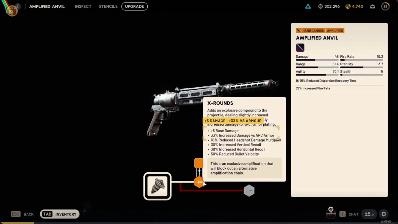 ARC Raiders Amplified Anvil upgrade screen showing the X-Rounds tooltip and amplification branches