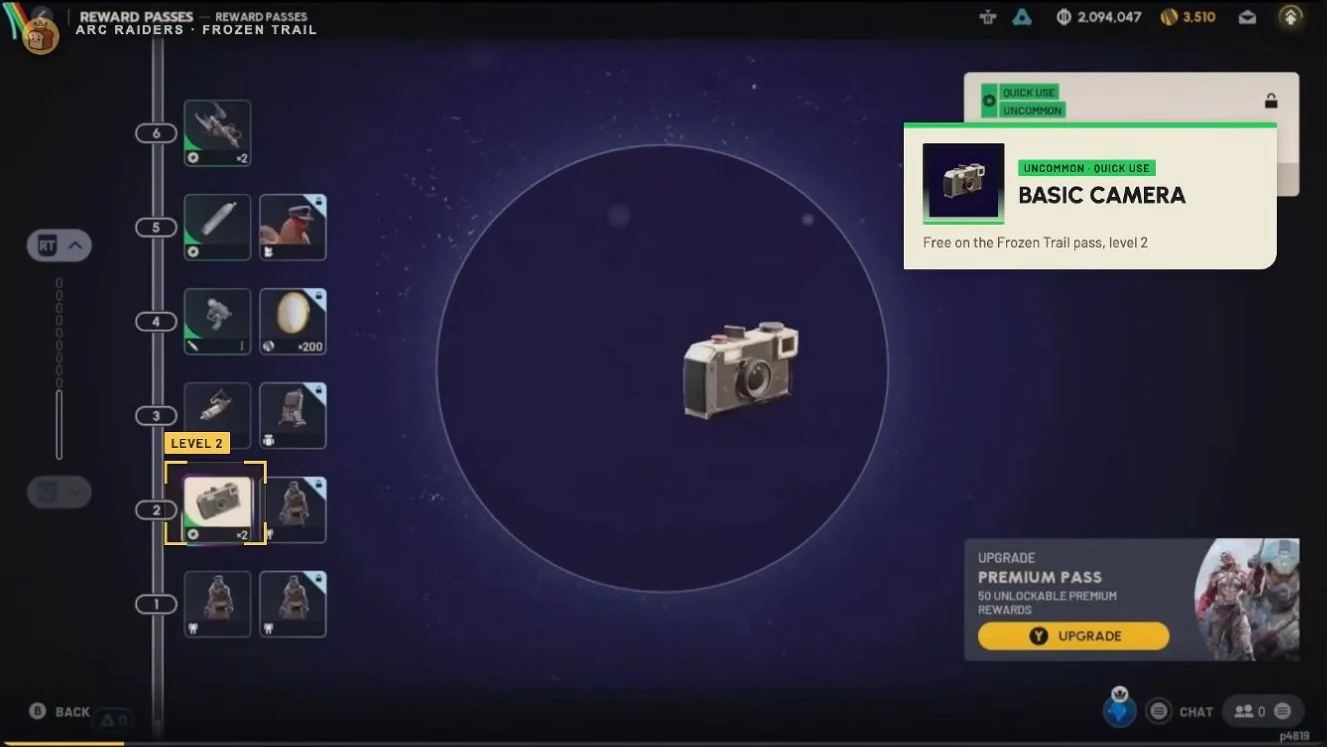 ARC Raiders Frozen Trail Reward Pass showing two Basic Cameras at level 2