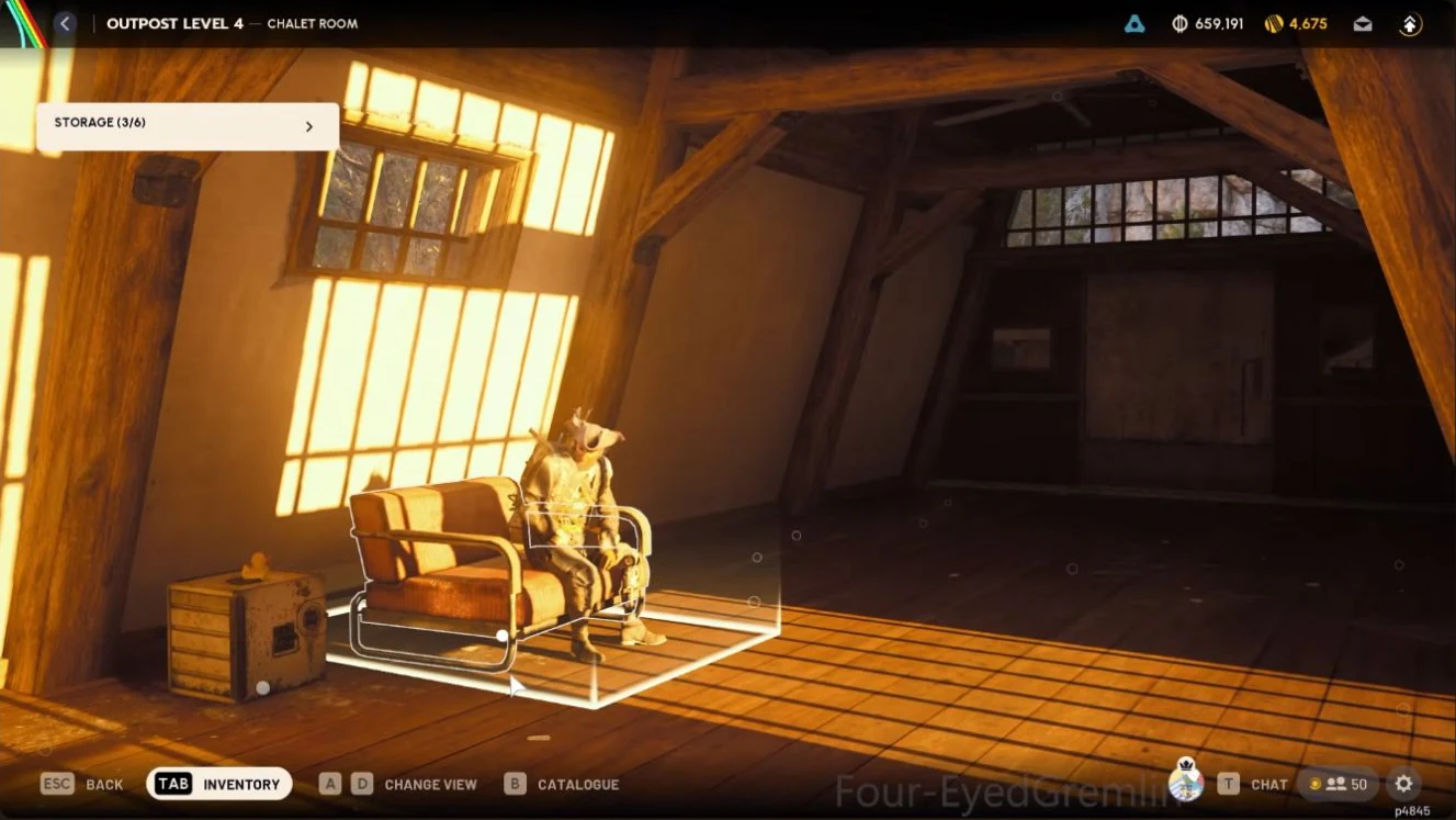 ARC Raiders Outpost Chalet Room furnished with an upholstered chair, a box and a yellow duck
