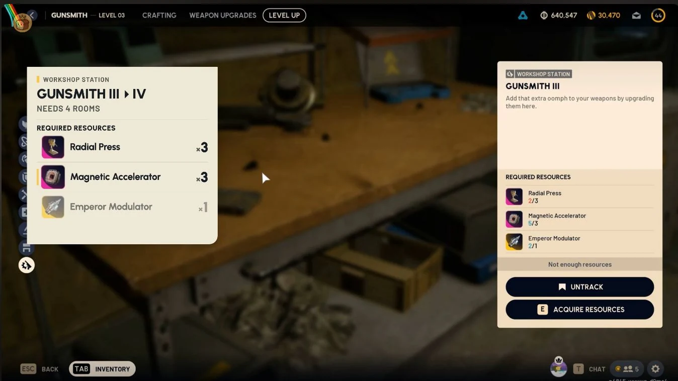 ARC Raiders Gunsmith III Level Up panel for the upgrade to Gunsmith IV