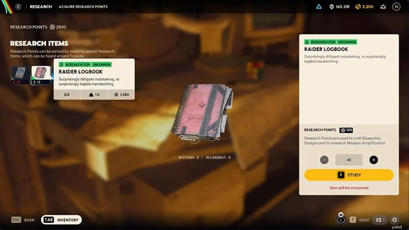 ARC Raiders Research Station showing one Raider Logbook selected for 100 Research Points
