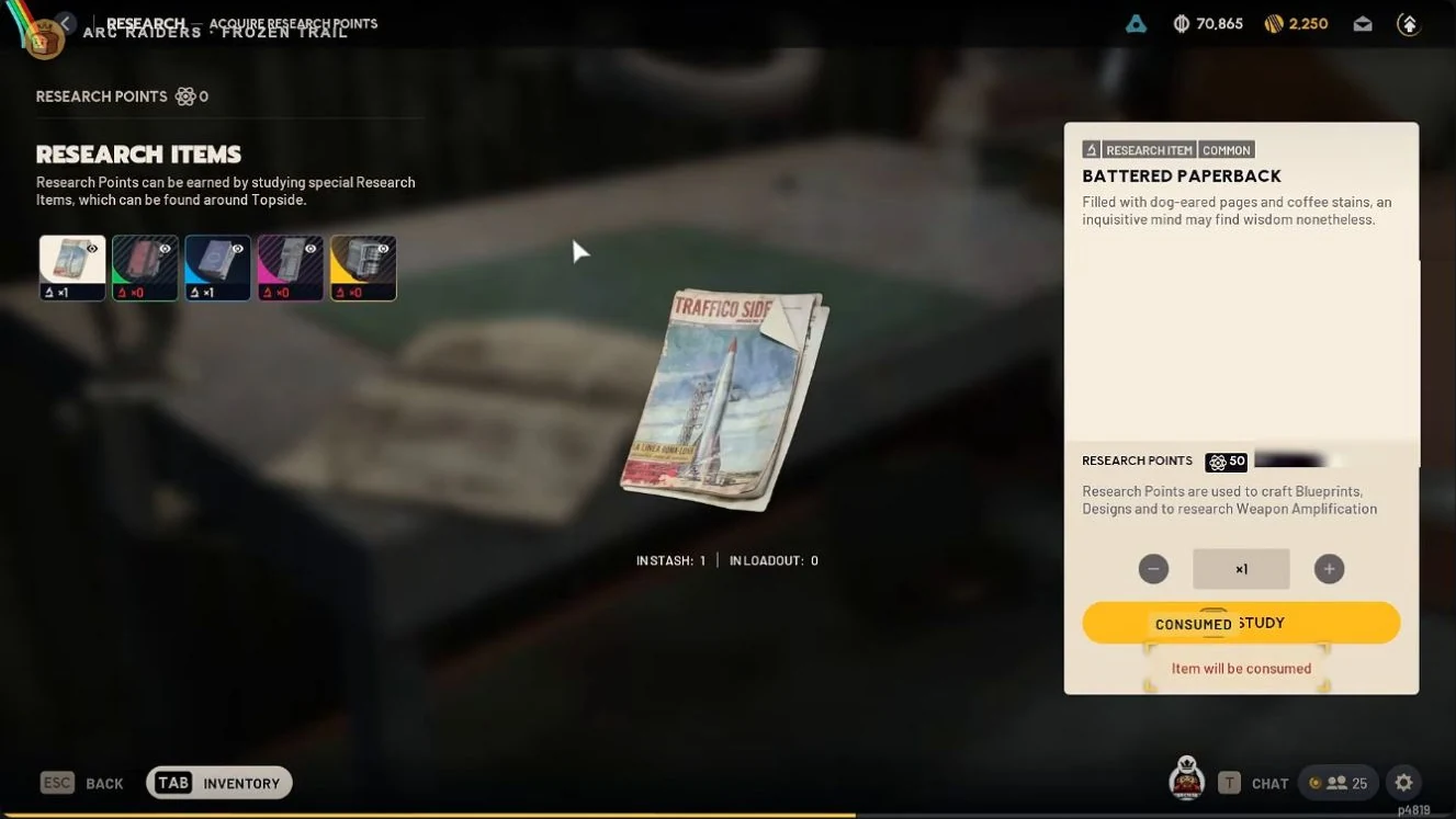ARC Raiders Research Station showing one Battered Paperback worth 50 Research Points