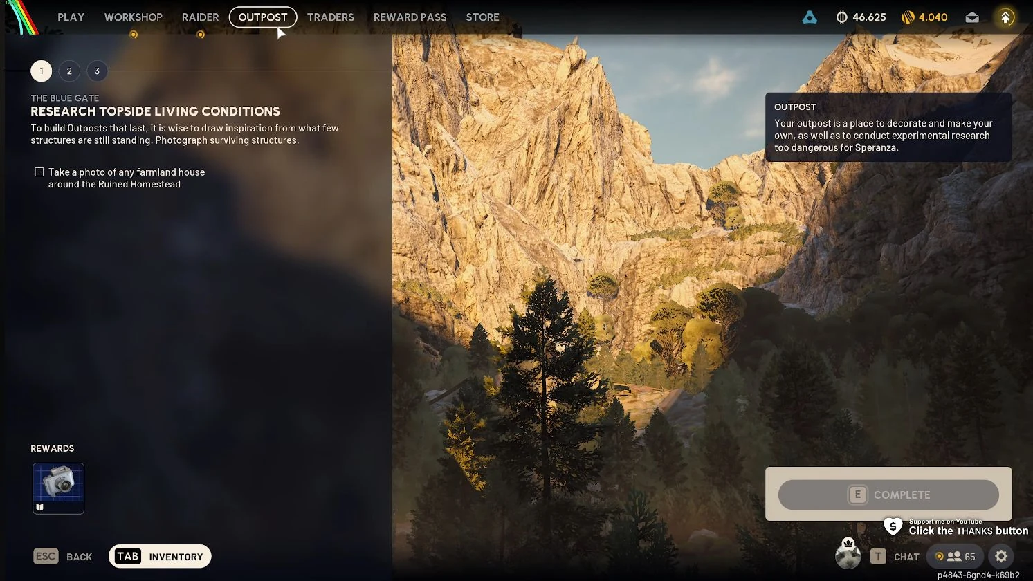 ARC Raiders Outpost tab showing the Ruined Homestead photo objective on The Blue Gate