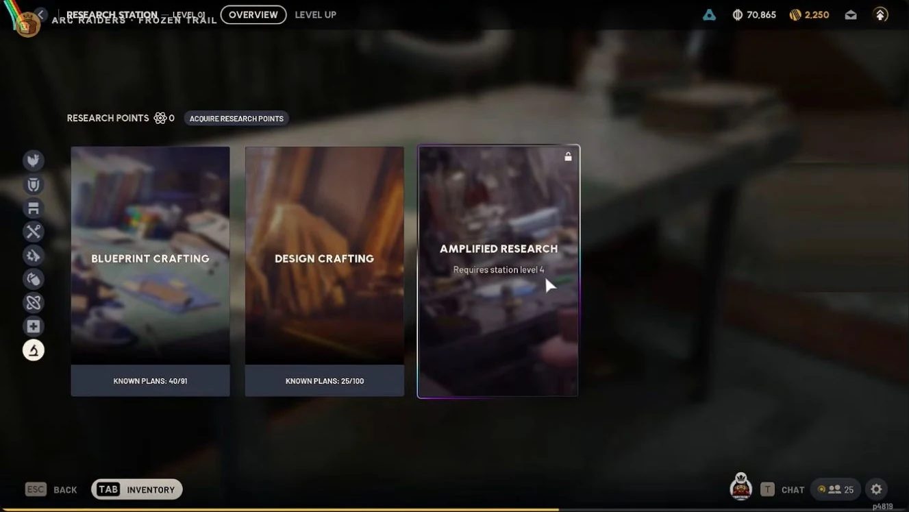 ARC Raiders Research Station overview showing Blueprint Crafting, Design Crafting and Amplified Research