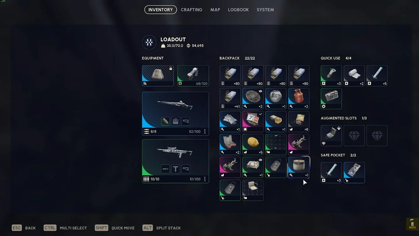 ARC Raiders Blue Gate inventory after digging up Bilguun's gift with the compass quest item in Augmented Slots.