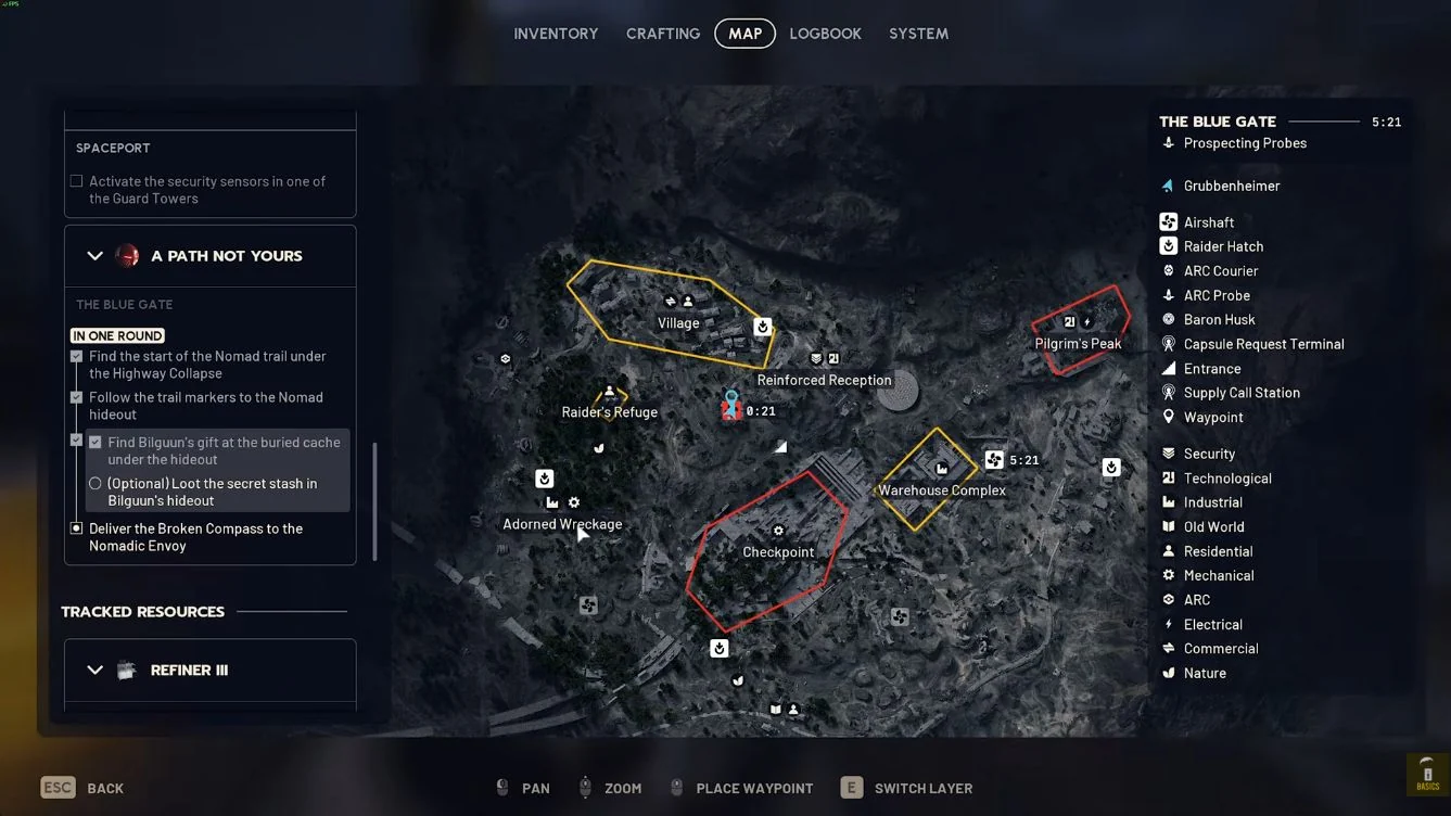 ARC Raiders Blue Gate map and A Path Not Yours tracker with compass delivery outside the In One Round group.