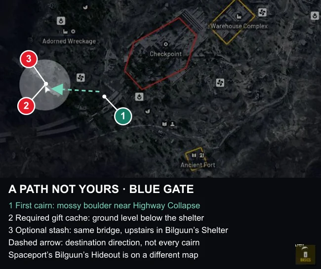 ARC Raiders Blue Gate marked map for A Path Not Yours showing the first cairn, required ground-level cache and optional elevated Bilguun shelter.