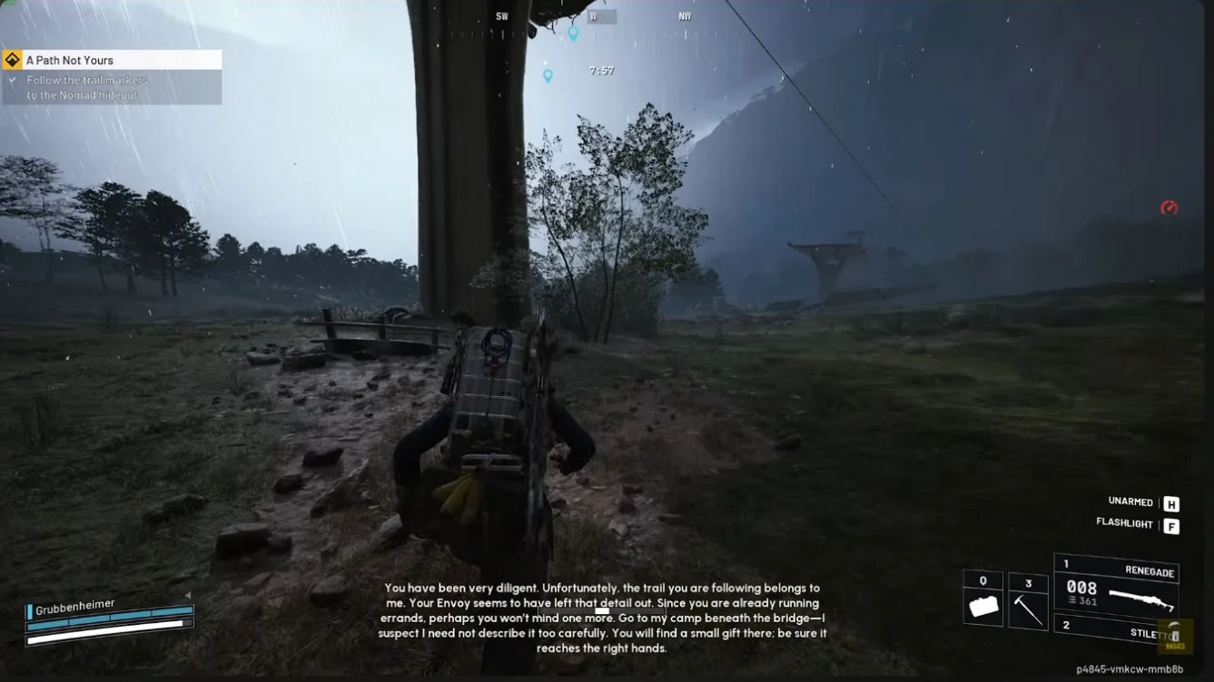 ARC Raiders Blue Gate Nomad hideout ground-level approach beneath the tall highway support in Barren Clearing.