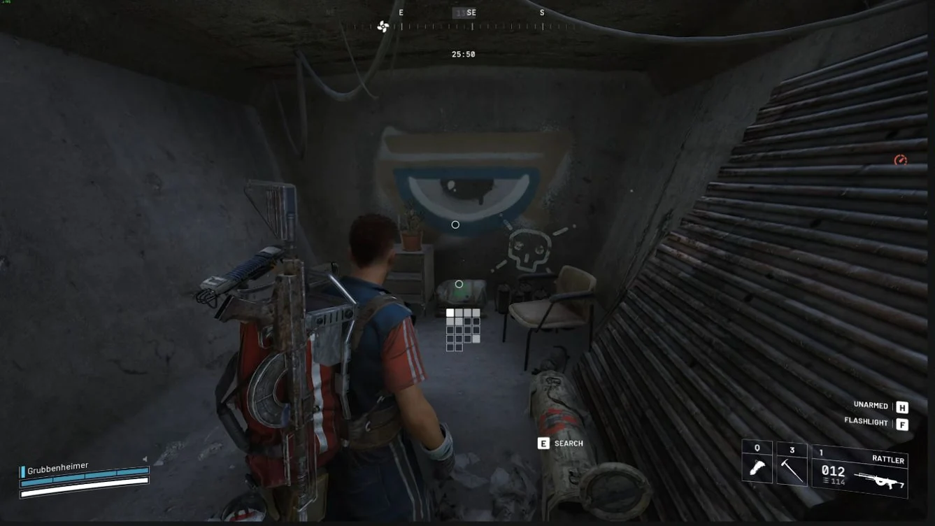 ARC Raiders Blue Gate Bilguun's Shelter interior with an eye mural and searchable loot during Keeping an Eye Out.