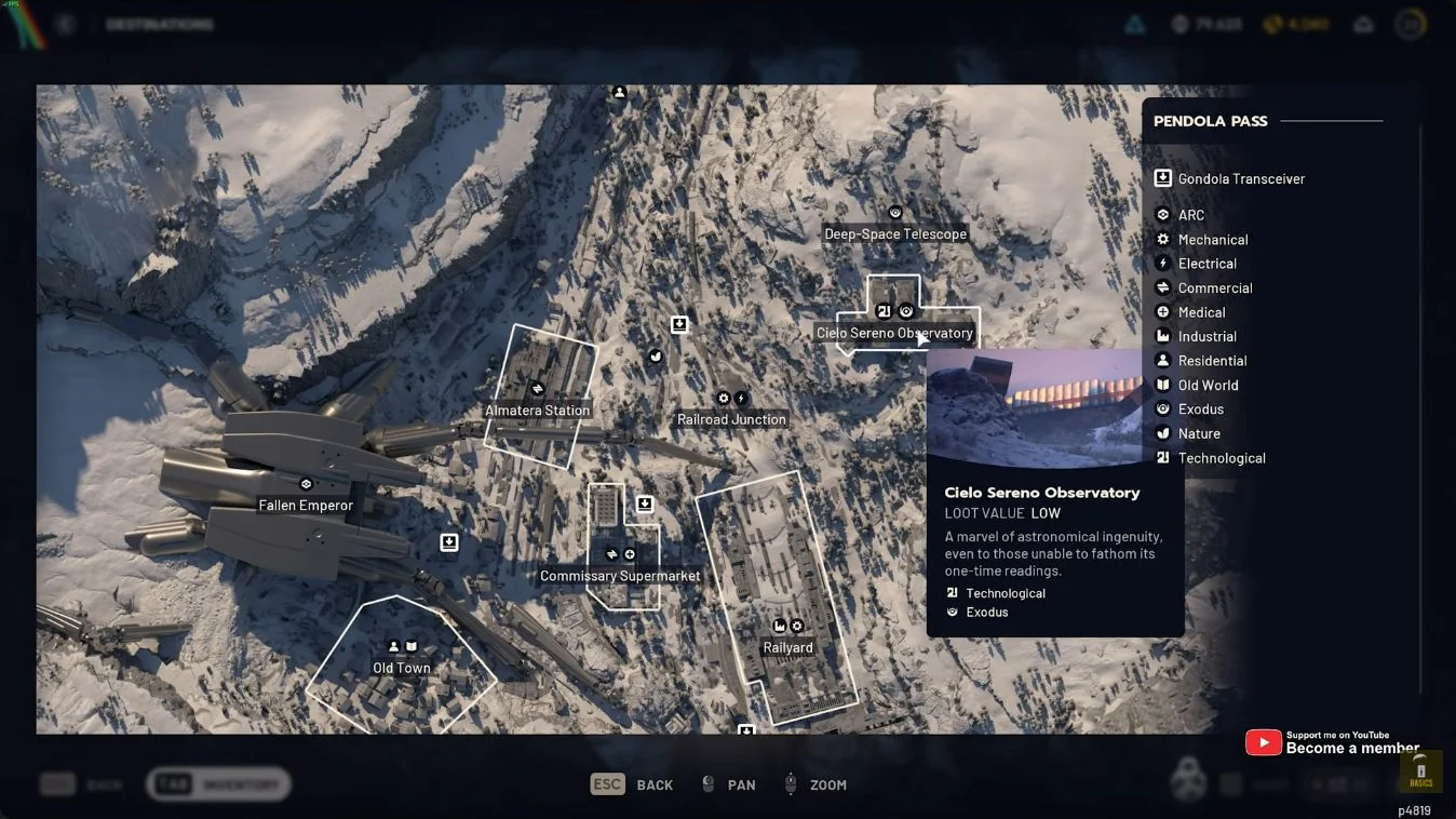 ARC Raiders Pendola Pass native map showing Cielo Sereno Observatory northeast of Railroad Junction and Railyard.