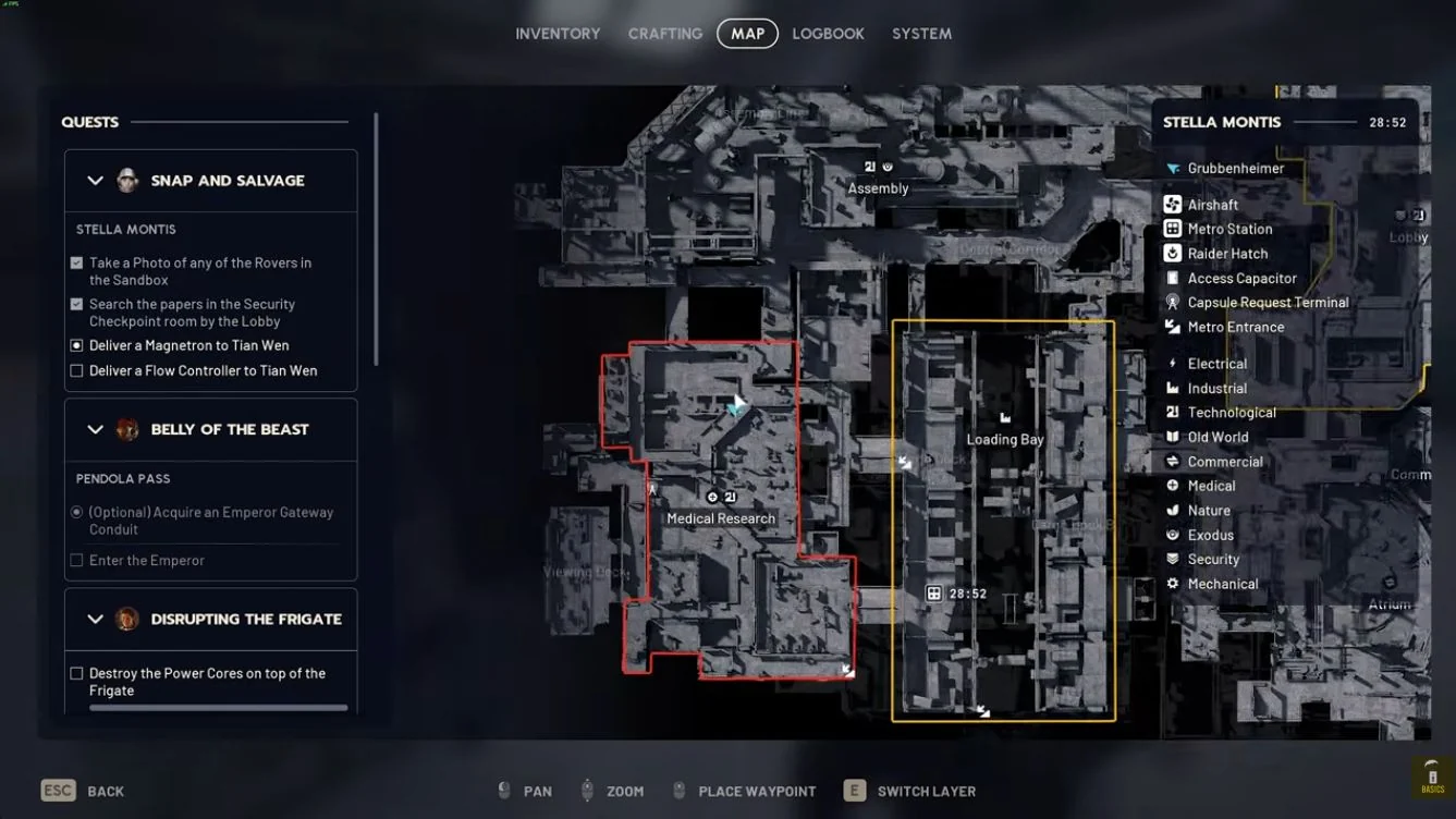 ARC Raiders Stella Montis upper-layer map showing Medical Research beside Loading Bay.