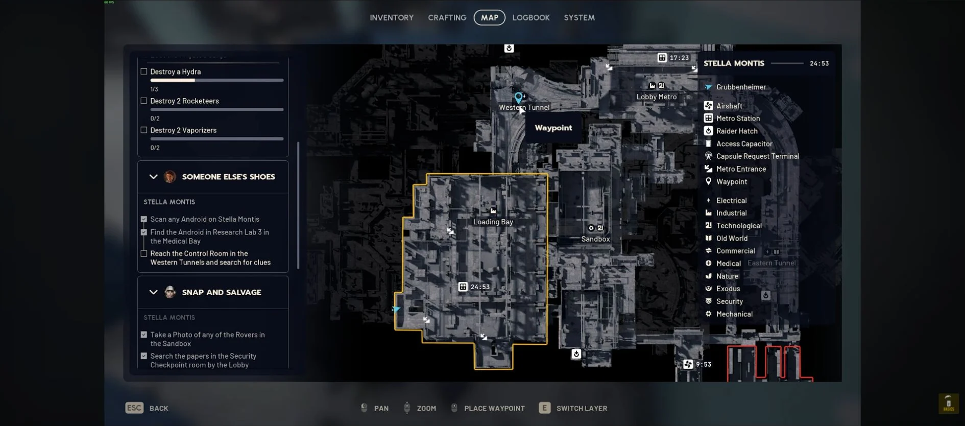ARC Raiders Stella Montis native map with Western Tunnel north of Loading Bay and the first two Someone Else's Shoes objectives complete.