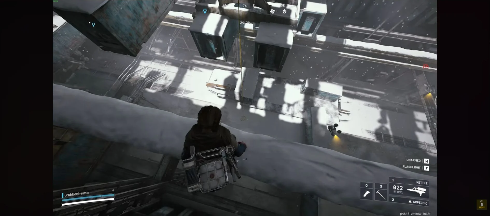 ARC Raiders Stella Montis Loading Bay descent with a fixed zipline between the upper landing and the floor below.