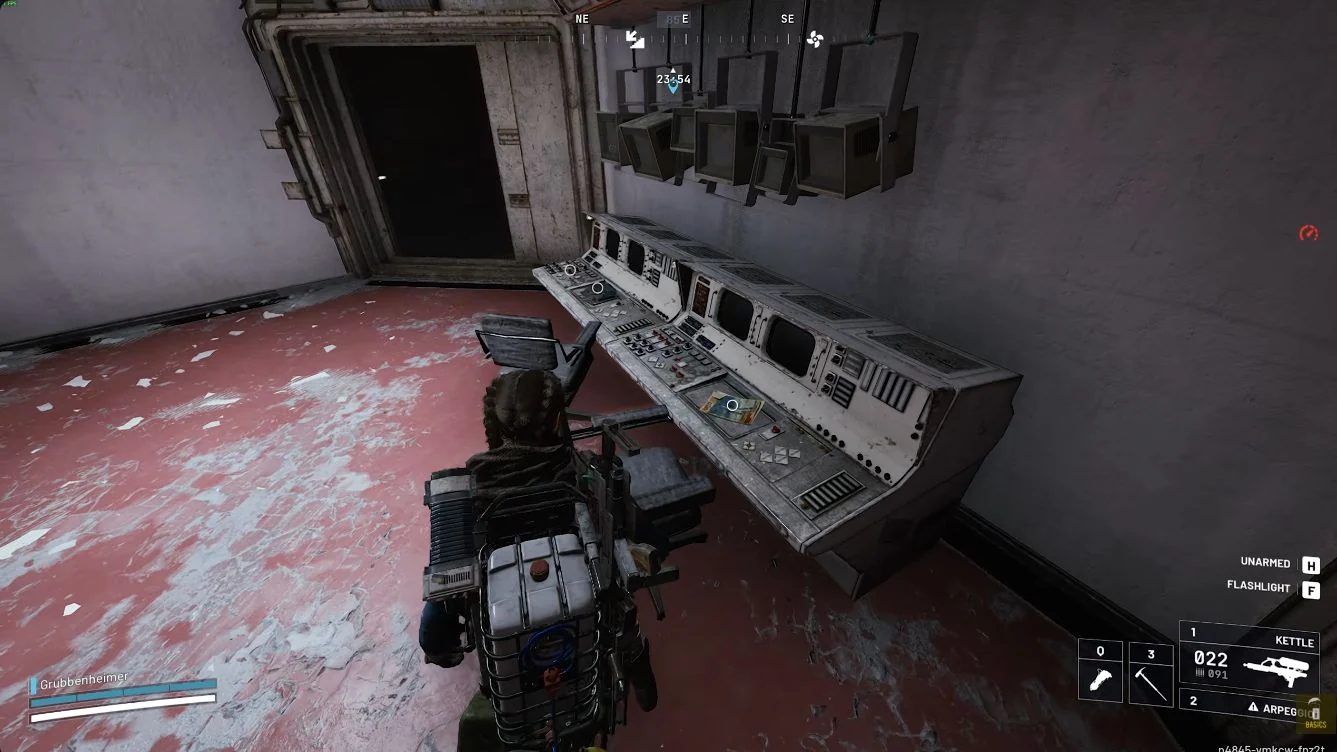 ARC Raiders Stella Montis Western Tunnels control room with red floor and monitor console.