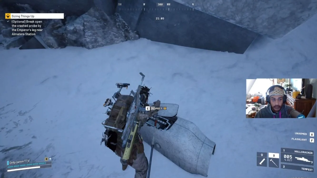ARC Raiders Pendola Pass crashed probe near Almatera Station with the Inspect prompt visible.
