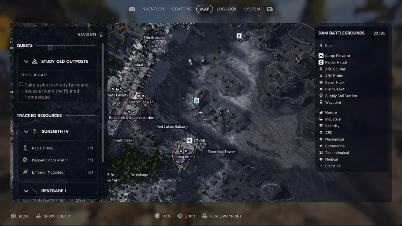 ARC Raiders Dam Battlegrounds native map showing the Red Lakes prototype northeast of Red Lakes Balcony, for the Pendola Pass gondola quest.