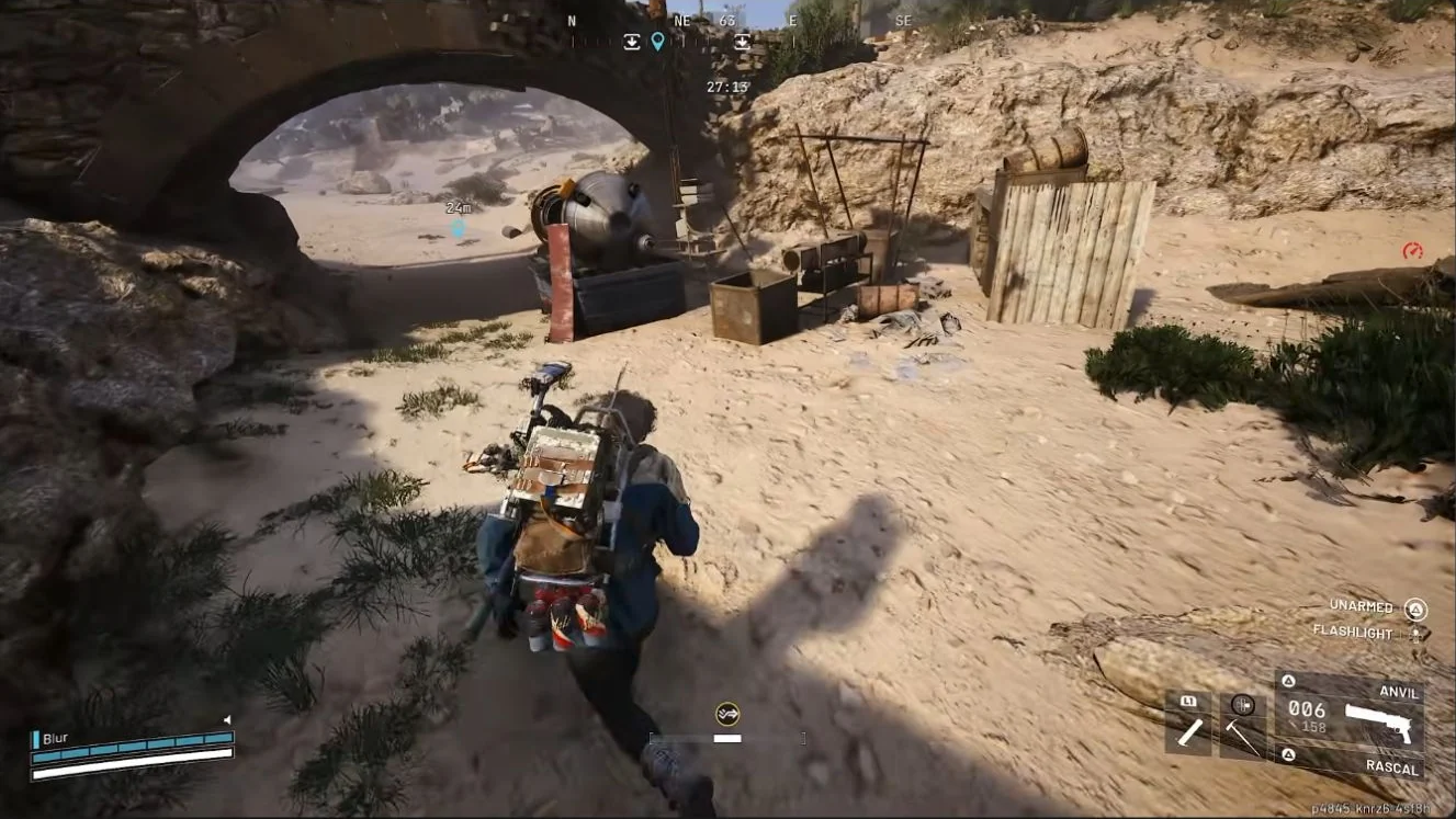 ARC Raiders Riven Tides Gondola Prototype beneath the Dried Riverbed stone bridge beside wooden panels and crates, for the Pendola Pass gondola quest.