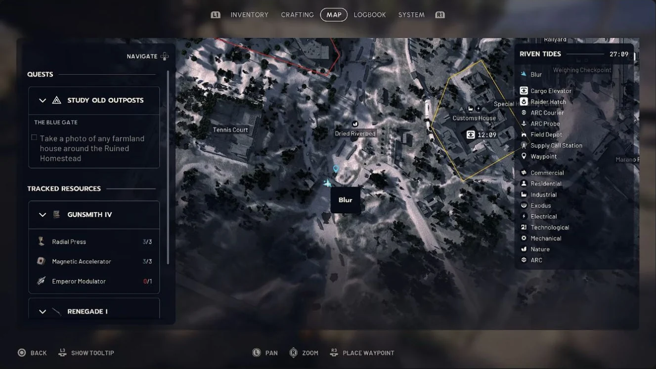 ARC Raiders Riven Tides native map locating the southern Dried Riverbed stone bridge, for the Pendola Pass gondola quest.
