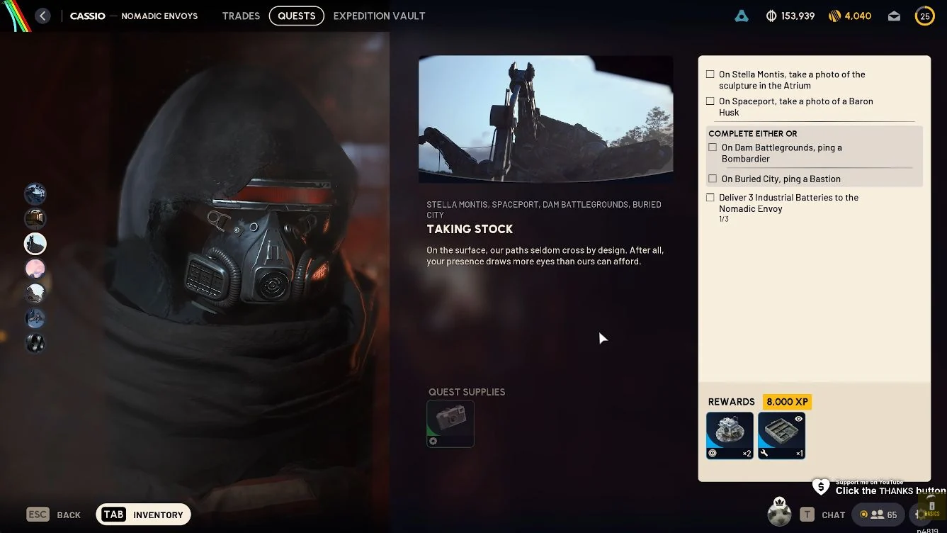 ARC Raiders Taking Stock quest screen with Cassio, supplied camera, either-or ping objectives and 8000 XP.