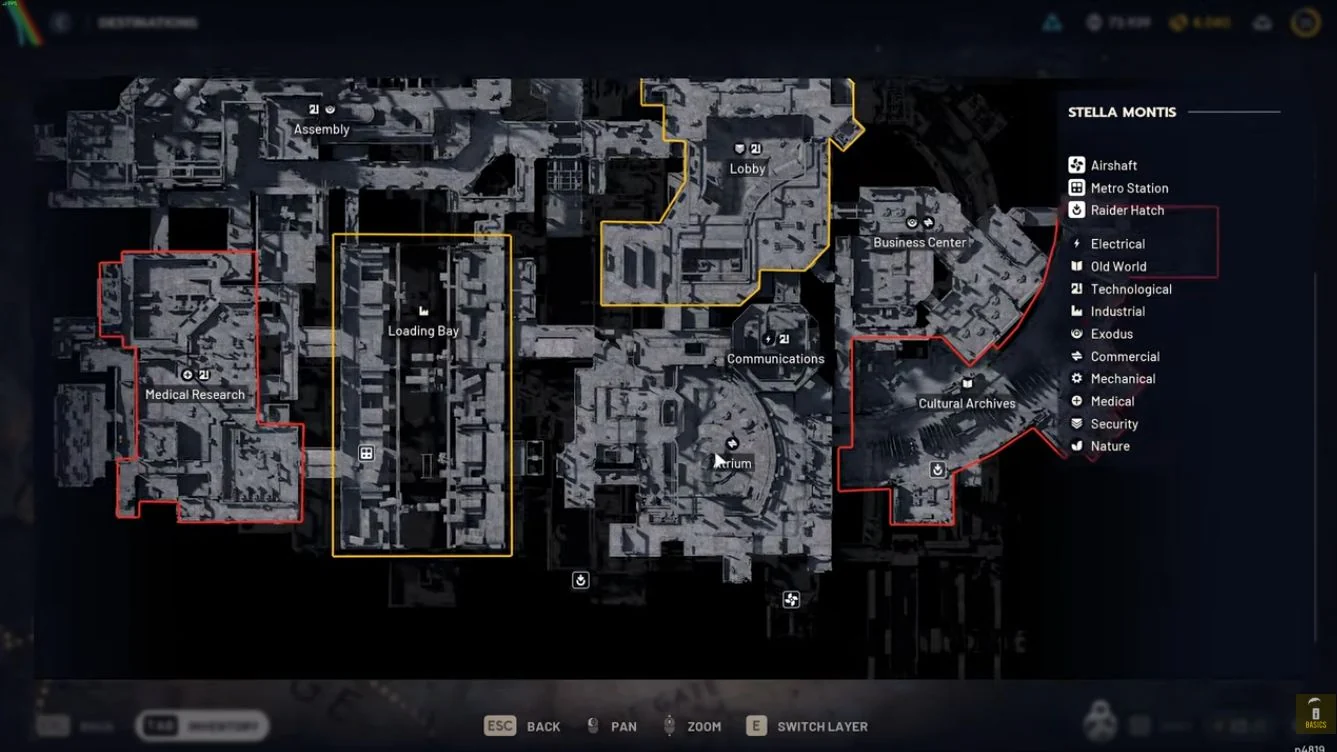 ARC Raiders Stella Montis upper-layer map showing Atrium south of Communications.