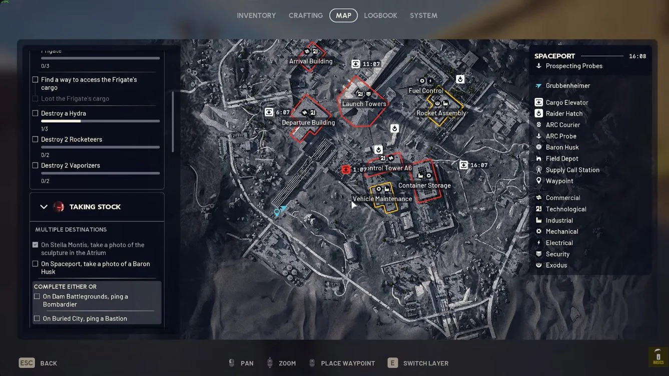 ARC Raiders Spaceport map showing the Baron Husk wall approach southwest of Departure Building.