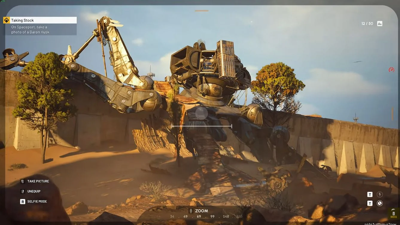 ARC Raiders Spaceport exposed Baron Husk hanging across the dividing wall in the camera viewfinder.