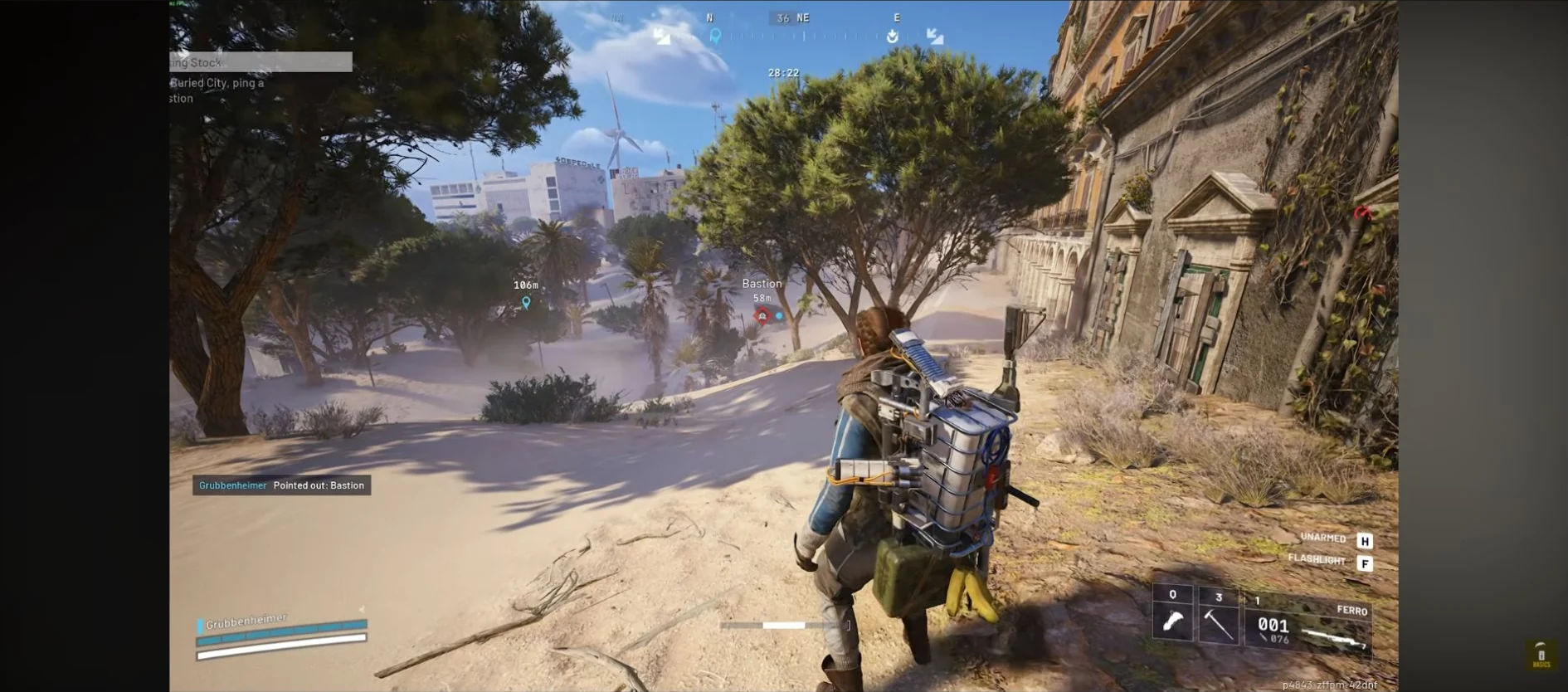 ARC Raiders Buried City central park with a Bastion ping visible from the elevated approach.