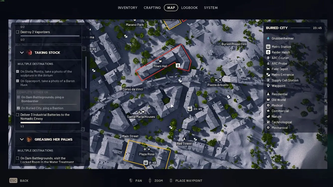 ARC Raiders Buried City quest HUD with both Taking Stock photos and Bastion ping checked while Bombardier is crossed out.