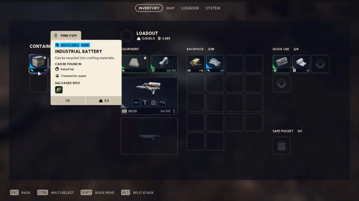 ARC Raiders Industrial Battery tooltip in a searched container, listing Industrial as its loot type.