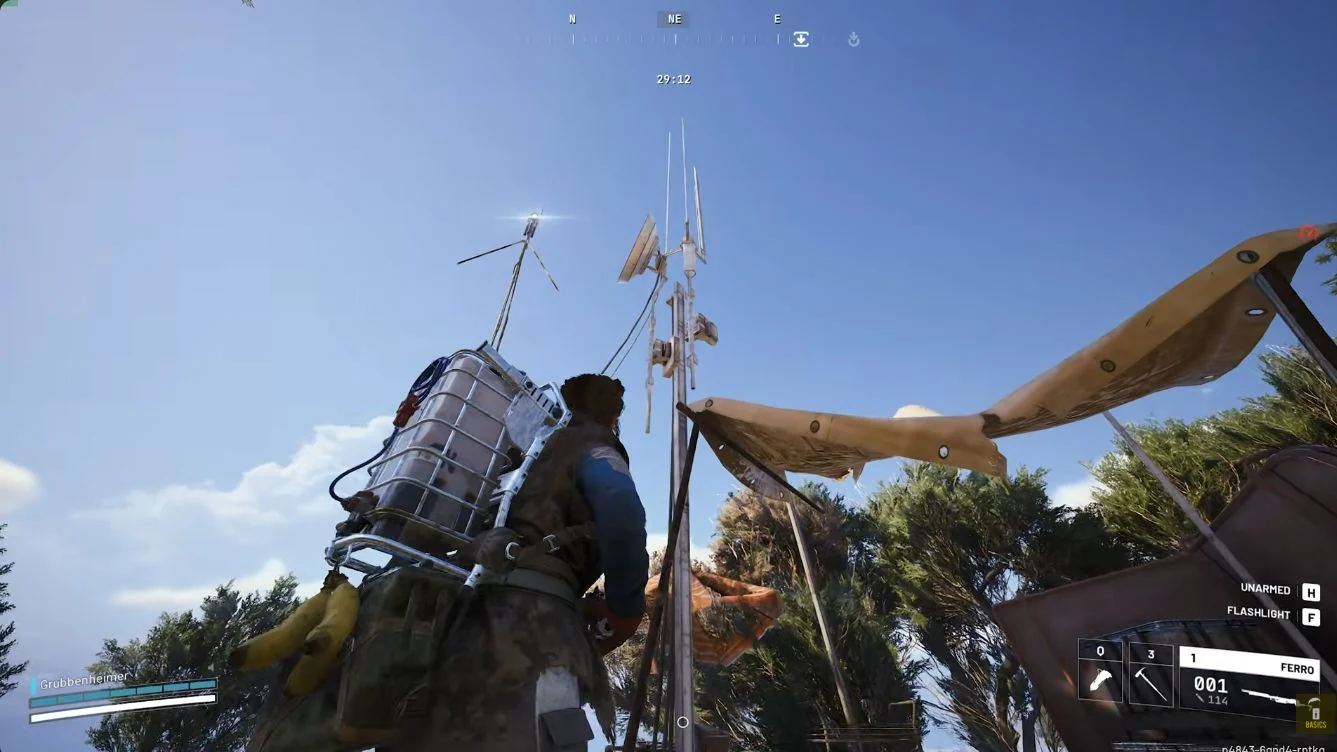 ARC Raiders Riven Tides old Raider Camp antenna above a cloth shelter.