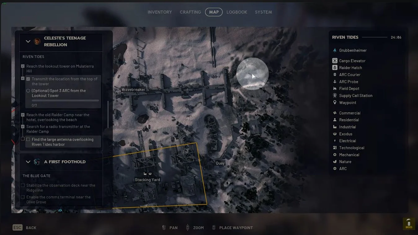 ARC Raiders Riven Tides map showing the final antenna north of Quay and east of Wavebreaker.