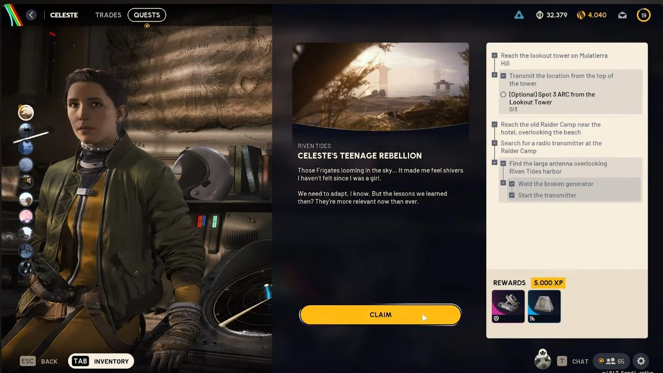 ARC Raiders Riven Tides Celeste's Teenage Rebellion Claim screen with optional ARC spotting at zero of three.