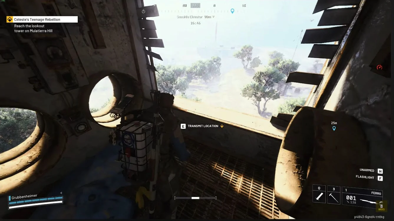 ARC Raiders Riven Tides Mulatierra Hill lookout tower upper window with the Transmit Location prompt visible.