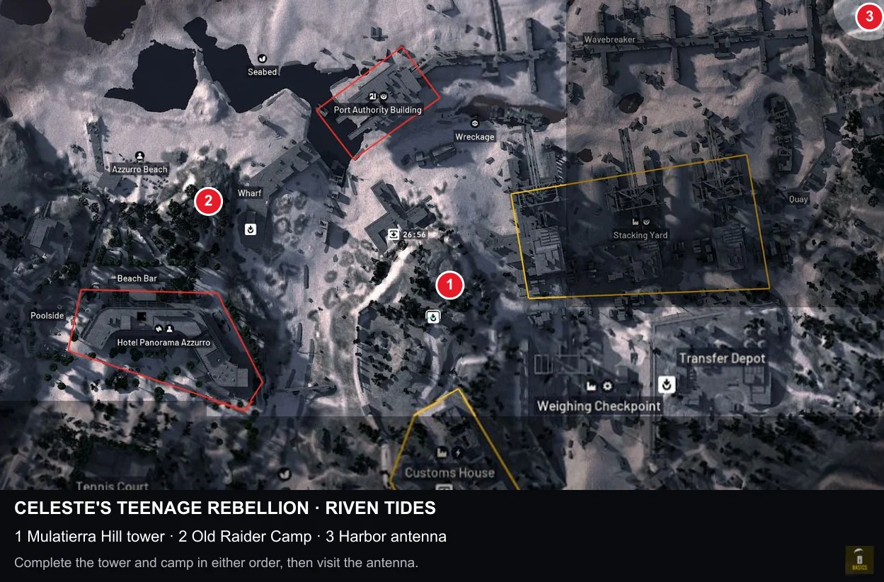 ARC Raiders Riven Tides map marking the Mulatierra Hill lookout tower, old Raider Camp by Hotel Panorama Azzurro and harbor antenna north of Quay.