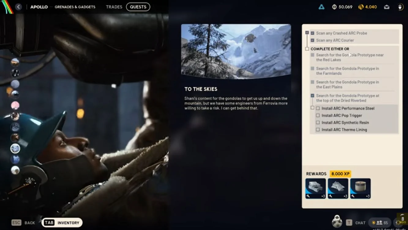 ARC Raiders To The Skies quest screen showing the four alternative prototype sites and four installation materials.