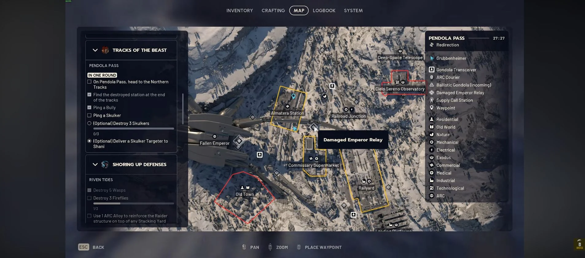 ARC Raiders Pendola Pass map showing the player inside Almatera Station with the destroyed-station objective checked.