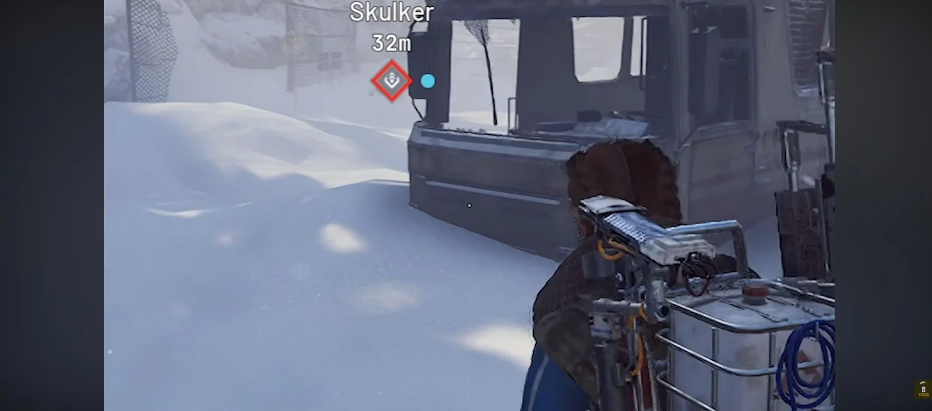 ARC Raiders Pendola Pass Skulker ping visible beyond a ruined bus.