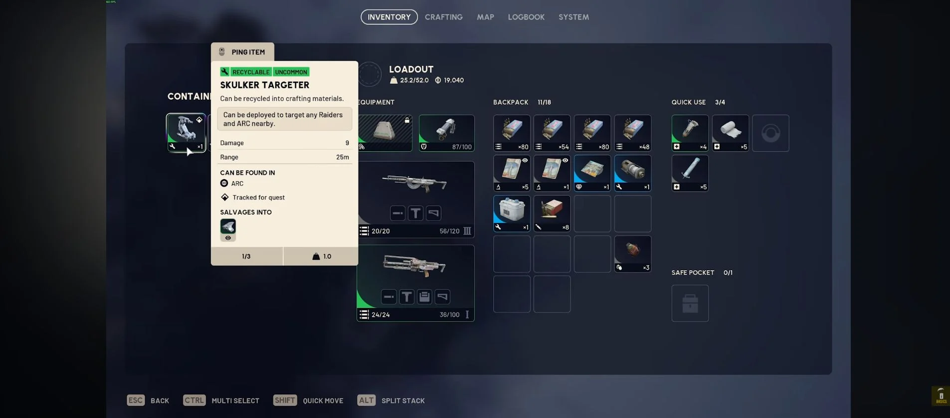 ARC Raiders Pendola Pass Skulker wreck loot with the Skulker Targeter tooltip visible.
