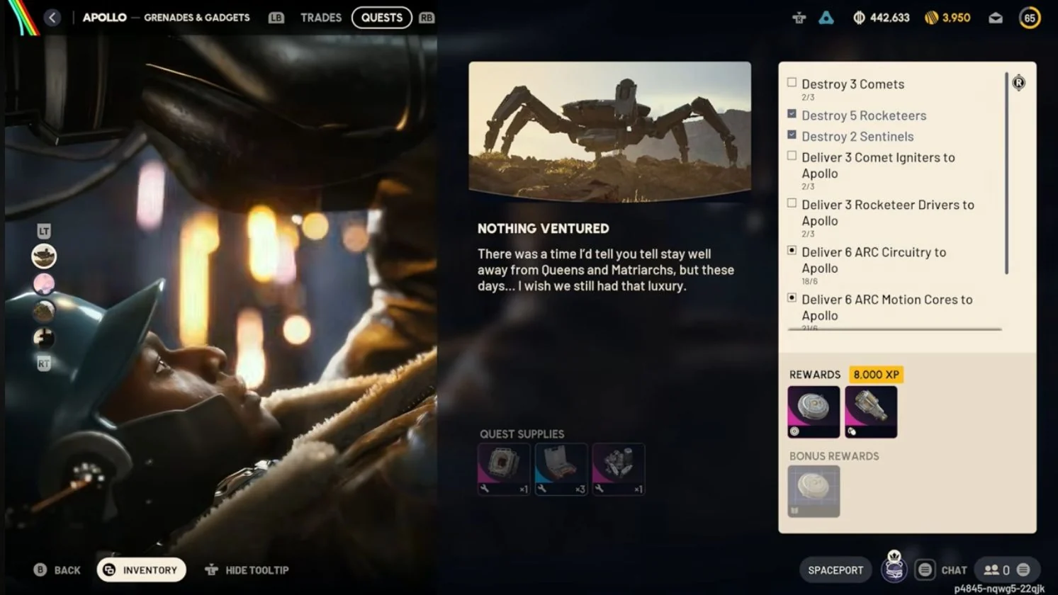 ARC Raiders Nothing Ventured Apollo quest screen with required kills, material deliveries and supplied items.