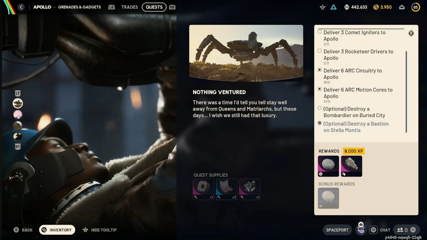 ARC Raiders Nothing Ventured Apollo screen showing optional Bombardier and Bastion objectives and a separate bonus reward.